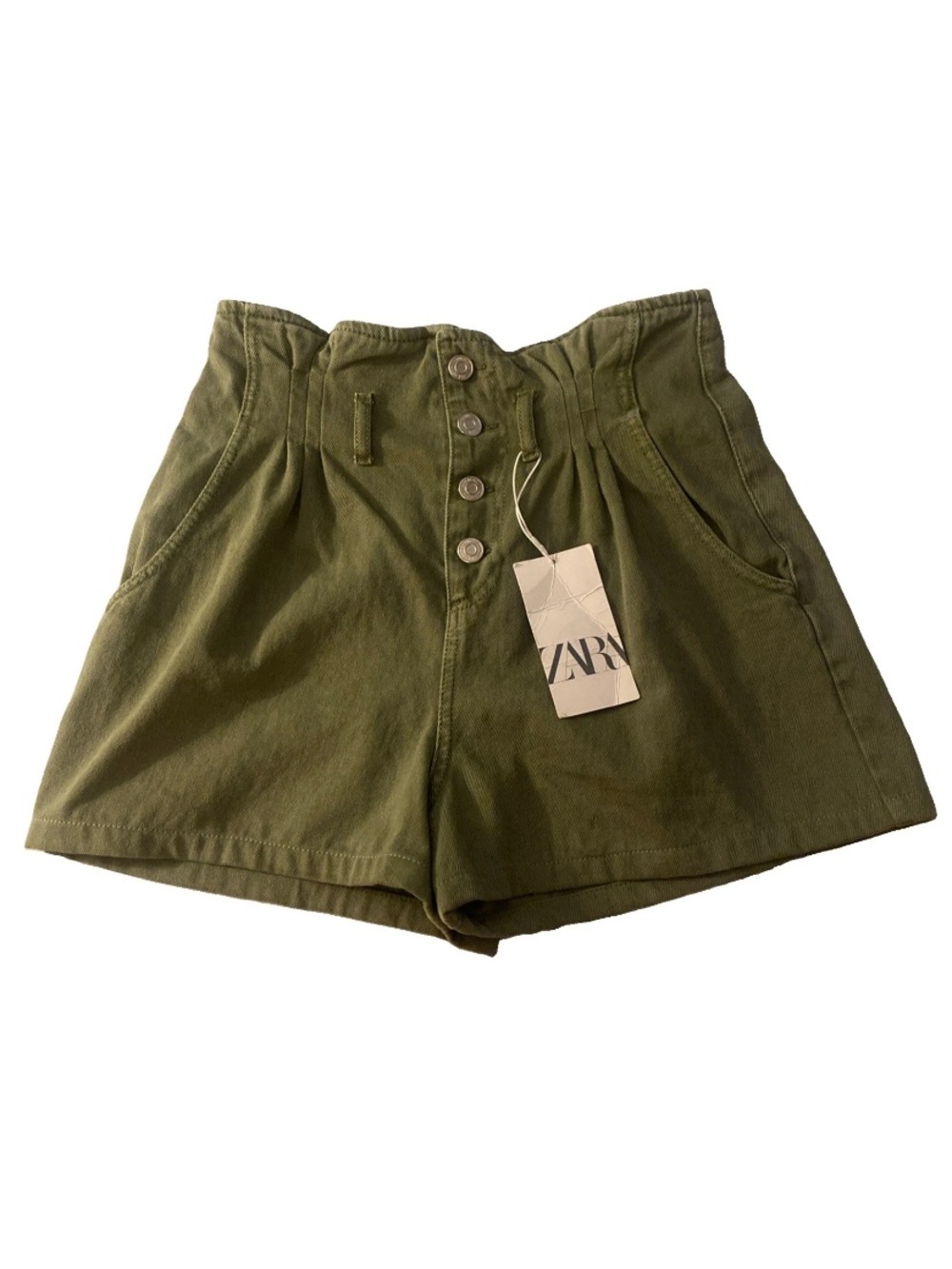 Zara NWT Women's Olive High Waisted Paperbag Denim Shorts Size S Pleated Cotton